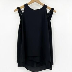 BCBGMAXAZRIA Black Embellished Cold Shoulder Ruffle Hem Top Size S